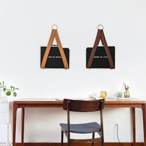 leather hanging file storage organizer wall hung magazine rack file holder for wall organization office decor storage strap mail wall mount