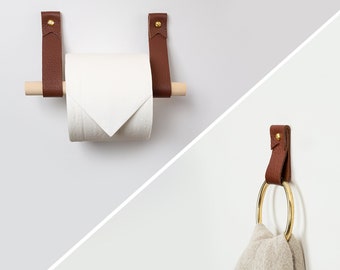 2 Piece Bathroom Hardware Set Leather & Wood Toilet Paper Holder Brass Hand Towel Ring Transitional Style minimal half bath design hygge