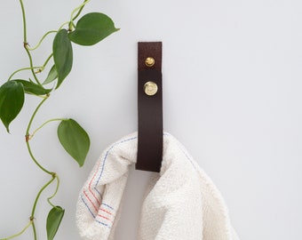 Leather Hanger Strap with Snap that Opens & Closes - functional wall entryway organizer hook bathroom hand towel holder brass boho decor