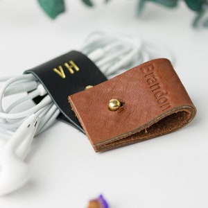 Flat End Personalized leather earbud organizer cord keeper monogram cable ties gift under 15 custom leather anniversary cord wrap organizer