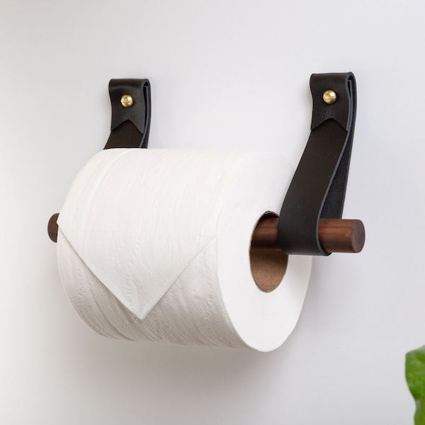Toilet Roll Holder Kit w/ leather hooks and wood dowel wall mounted TP holder farmhouse bathroom decor art Scandinavian accessories for bath