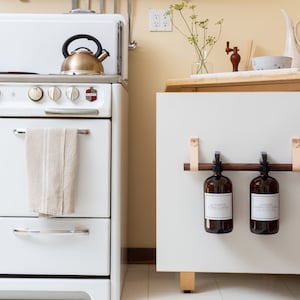 A kitchen scene of a Cabinet Rail Kit installed under the sink on a cabinet door.