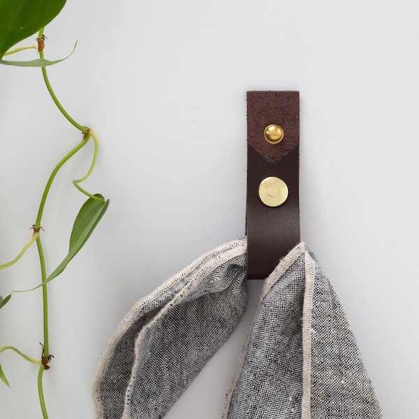 Leather Snapping Wall Hook Snap Closure - minimal modern decor design strap for hanging baseball caps, bags & towel holder farmhouse style