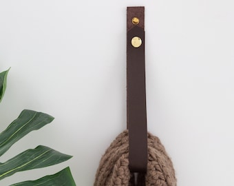 Leather Hanger Strap with Snap that Opens & Closes - functional wall entryway organizer hook bathroom hand towel holder brass boho decor