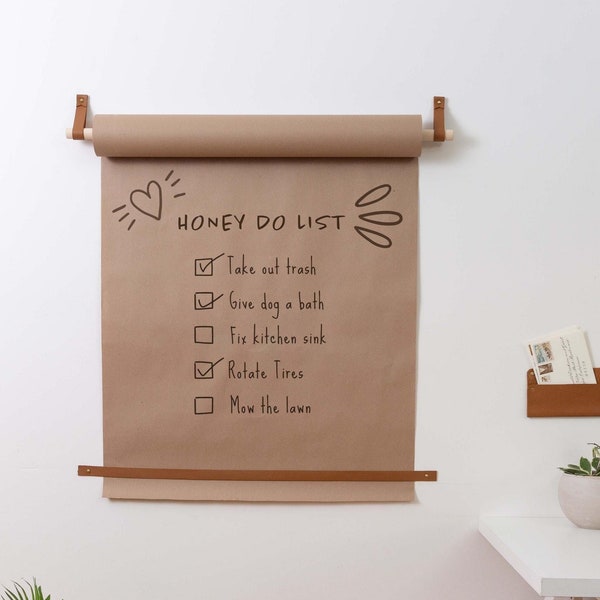 Leather Kraft Paper Holder to do list large parchment paper roll hanger wall mounted home organization shopping list display Butcher’s Paper