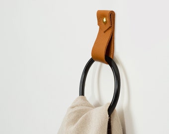 small leather strap brass & matte black ring wall hook wall hanging storage towel hook modern bathroom towel rack leather loop holder hanger