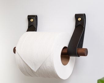 Toilet Roll Holder Kit w/ leather hooks and wood dowel wall mounted TP holder farmhouse bathroom decor art Scandinavian accessories for bath