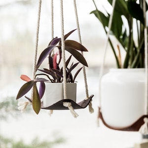May include: A white ceramic pot with a purple and green plant hanging from a macrame plant hanger. The hanger is made of natural twine and has a brown leather strap.