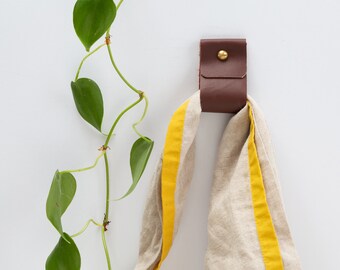Small Wide Round End - Leather Strap brass wall hook wall hanging storage towel hook modern bathroom towel rack loop strap holder oar hanger