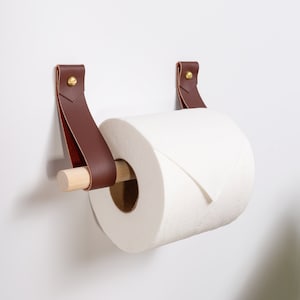 Kit porta carta igienica in pelle con tassello in legno di noce o betulla, porta rotolo di carta igienica minimalista, moderno gancio per cinghia, decorazione sostenibile per il bagno