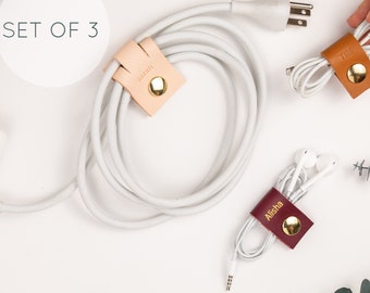 Flat End Leather Cord Holder SET of 3 [2 small 1 large] - Personalized 3rd anniversary under 30 stocking stuffer travel gift cord organizer