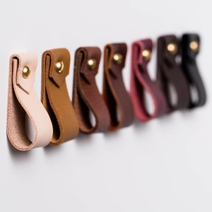 May include: A row of seven leather drawer pulls in various colors, including light pink, tan, brown, burgundy, dark brown, and black. Each pull is attached with a gold-colored rivet.