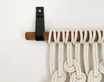 Leather macramé art hanger wall strap for displaying fiber arts hook driftwood branch wall mount leather strap hangers leather wall hook