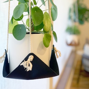 May include: A white ceramic planter with a green leafy plant hanging from a macrame plant hanger with black fabric and white rope.