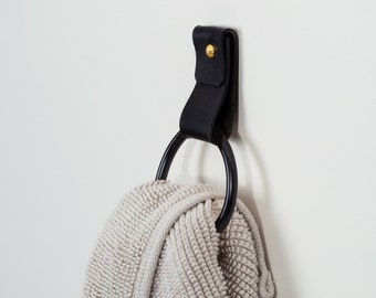 Small Wide Round End - Black Towel Ring modern hand towel hook wall hanging Leather Strap loop hanger handtowel holder bathroom holder