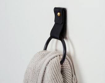 Small Wide Round End Black Towel Ring Modern Hand Towel Hook Wall Hanging Leather Strap Loop Hanger Handtowel Holder Bathroom Holder Etsy