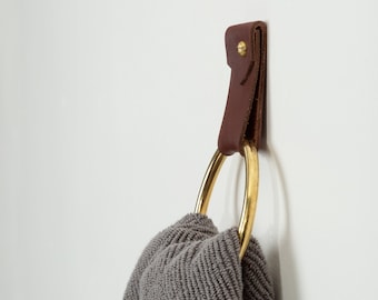 Hand Towel Holder Ring Leather & Brass small gold modern towel hook kitchen or bathroom farmhouse Wall loop strap Boho Scandinavian - SALE