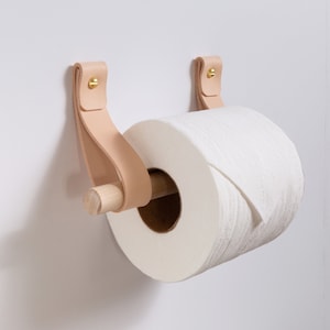 Leather Toilet Paper Holder Kit w/ wooden dowel walnut or birch minimal loo roll holder modern strap hook sustainable bathroom storage decor