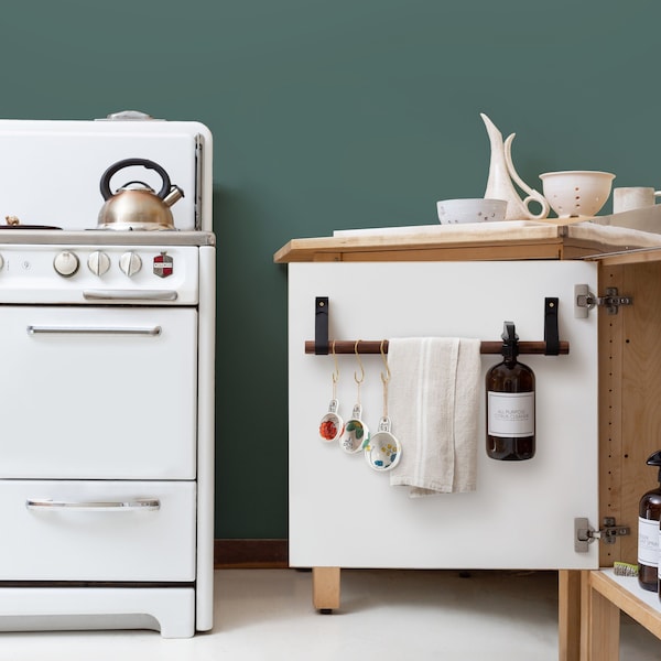 Storage Rail for inside cabinet doors keeps kitchen pantry and bathroom organized clean product storage solution for spray bottles & towels