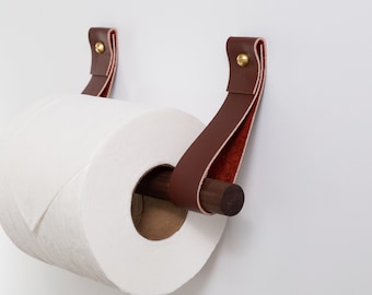 Leather Toilet Paper Holder Kit w/ wooden dowel walnut or birch minimal loo roll holder modern strap hook sustainable bathroom storage decor