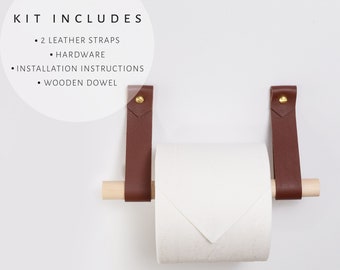 Leather Toilet Paper Holder Kit with wood dowel walnut or birch simple loo roll holder minimalist leather strap hooks rustic bathroom decor