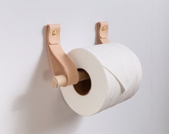 Leather Toilet Paper Holder Kit w/ wooden dowel walnut or birch minimal loo roll holder modern strap hook sustainable bathroom storage decor