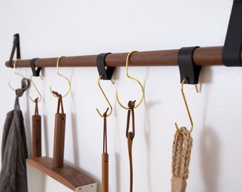 Leather S hooks [SET of 3] Black Metal utensil hangers loop hanger coat hook towel holder hanging pot & pan storage decorative loop over