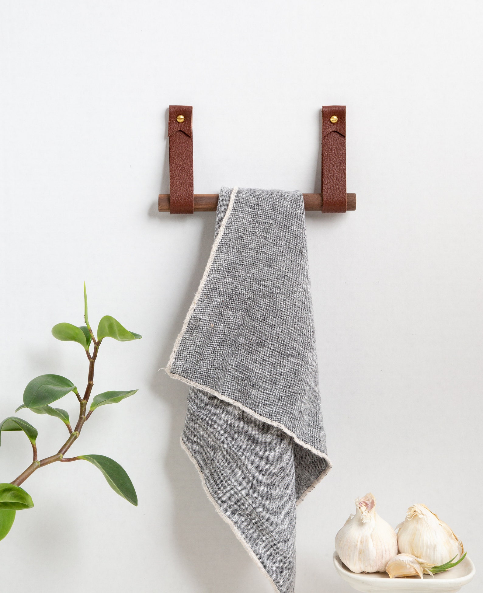 Leather Hanging Towel Holder Kit Brass Hand Towel Rail for Bath Kitchen