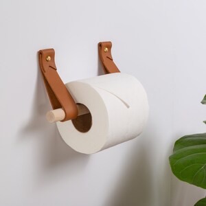 Small Bathroom 2 Piece Fixture Set Leather & Wood Toilet Paper Holder Black Hand Towel Ring hook wall strap modern minimal half bath design image 8