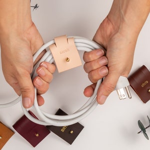 Large custom leather cable organizer cord keeper monogram cable ties gift under 15 personalized 3 year anniversary gift cord wrap organizer