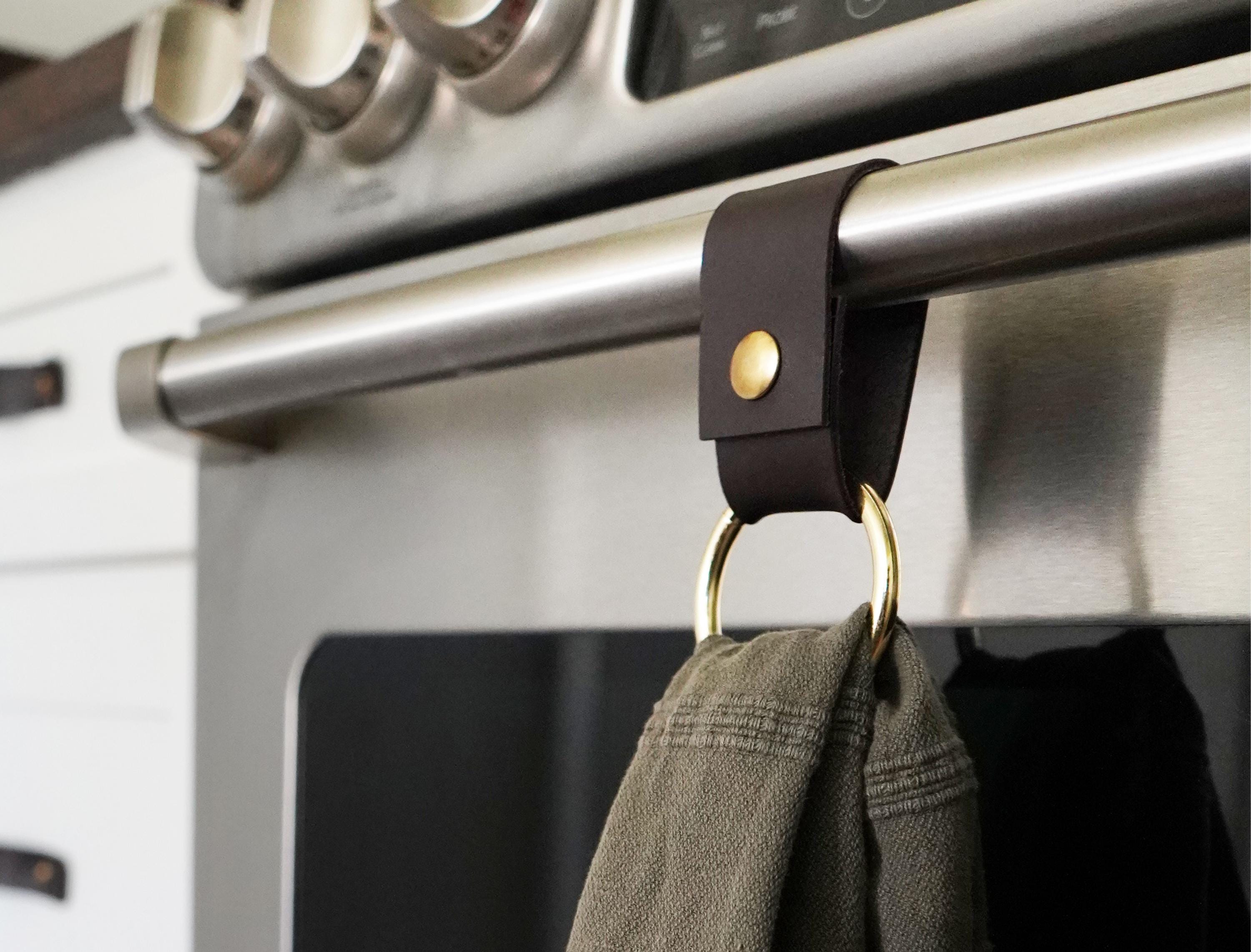 Leather & Metal Oven Towel Ring Hanger kitchen door handle towel hanging holder, oven door clip towel ring tie grip farmhouse home decor