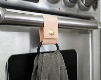 Leather & Metal Towel Ring Holder - Kitchen Oven Door Handle Towel Hanger