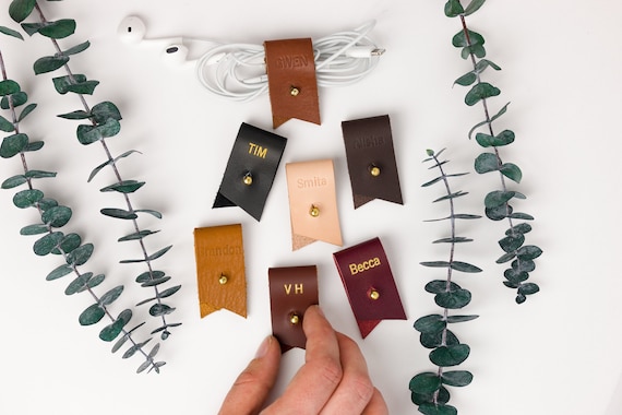Customizable Leather cord keeper earbud holder personalized 3 year wedding gift monogram cable ties Christmas gift under 15 stocking stuffer
