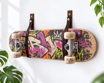 Skateboard Wall Storage, Leather Snap Straps for Teen Rooms & Skate Decks