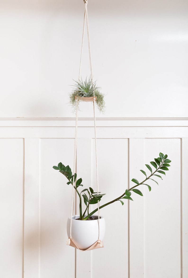 A Double Leather Plant Hammock suspended from the ceiling against a white background. Color shown is Veg-Tan.