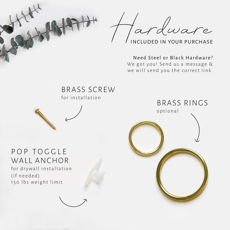 Guide showing the hardware that is included labeled with arrows pointing to the components on a white background. 
A brass screw lays flat alongside a pop toggle wall anchor. 
Optional metal rings in 2” or 3” size with arrows pointing to them.