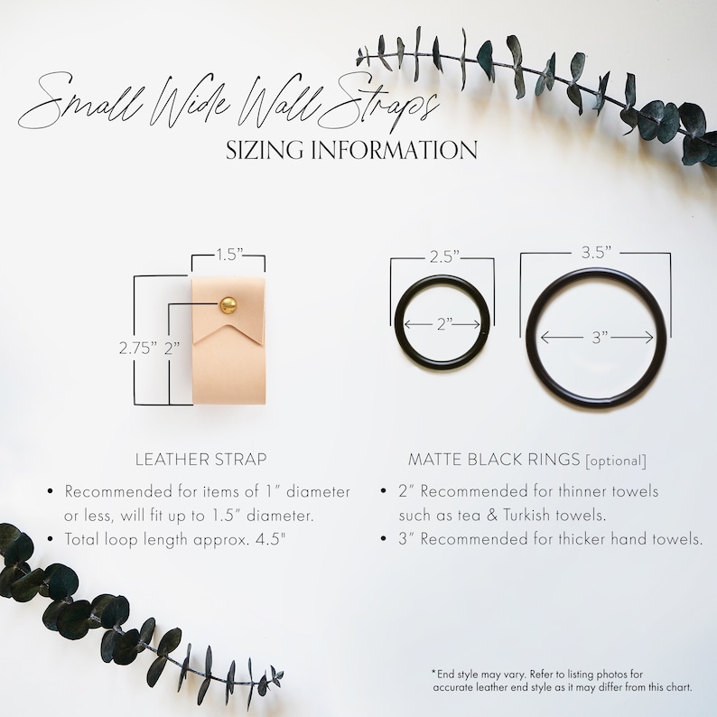 Guide with sizing information recommending the diameter of items that will fit with the small wide wall strap and inside diameter of optional metal ring.