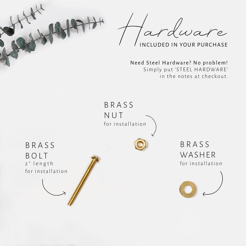 Guide showing the hardware that is included labeled with arrows pointing to the components on a white background. 
Includes 1 bolt, washer and nut per order.