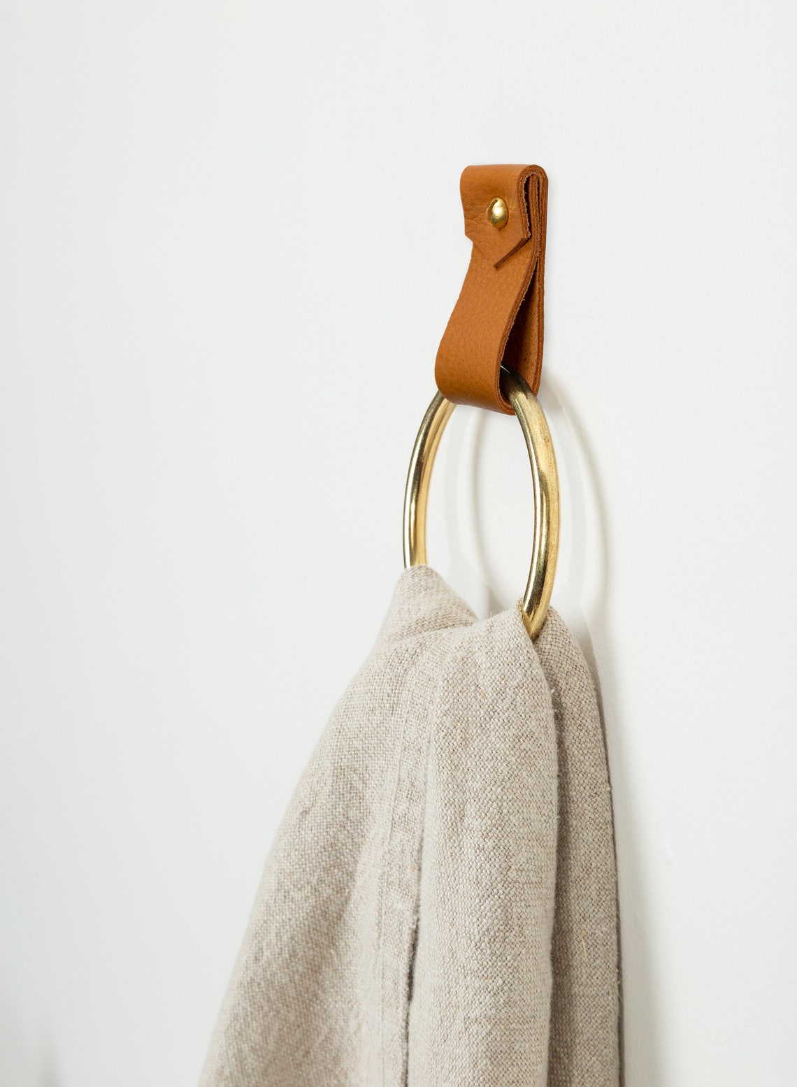 Small leather strap with brass towel ring minimalist hanger Etsy