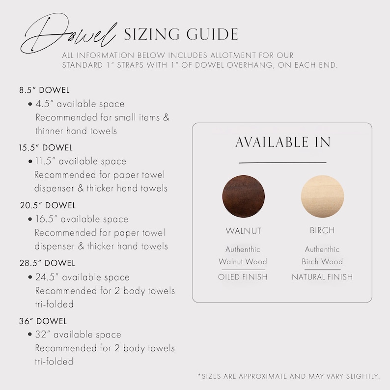 A guide showing the three different sizes of dowel options you can choose.