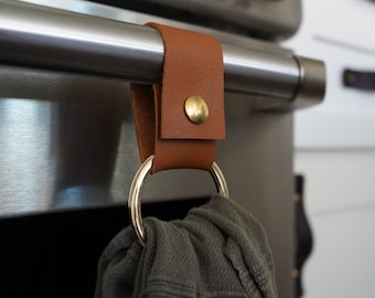 Leather & Metal Towel Ring Holder - Oven Door Handle Towel Hanger - Kitchen and Farmhouse Decor