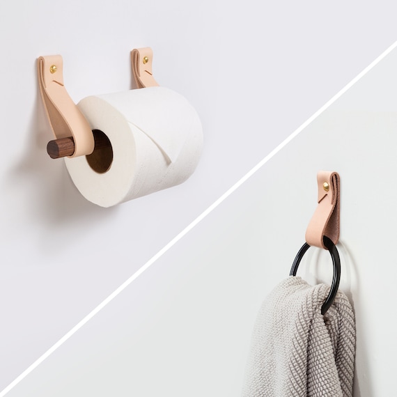 Small Bathroom 2 Piece Fixture Set Leather & Wood Toilet Paper Holder Black  Hand Towel Ring Hook Wall Strap Modern Minimal Half Bath Design -   Canada