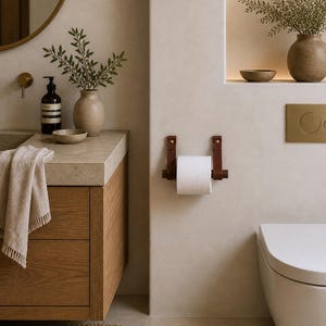 May include: A bathroom interior with a wooden vanity, stone countertop, and a circular mirror. A leather toilet roll holder is mounted on the wall. Decorative vases and a woven rug complete the scene. The room has a neutral colour palette.