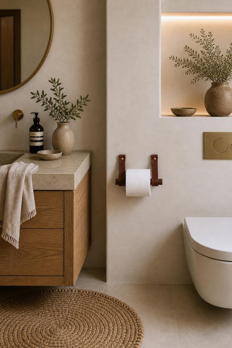May include: A bathroom interior with a wooden vanity, stone countertop, and a circular mirror. A leather toilet roll holder is mounted on the wall. Decorative vases and a woven rug complete the scene. The room has a neutral colour palette.