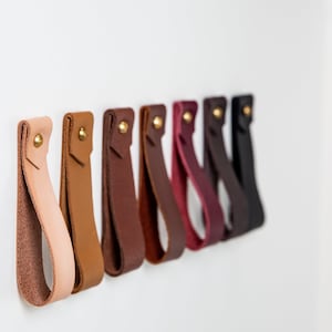 May include: A row of seven leather drawer pulls in varying shades of brown, from light tan to deep burgundy and black. Each pull is attached to the wall with a gold-colored rivet. The pulls are made of folded leather.