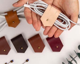 Leather Cord Organizer with Brass Snap, Cable Holder for Charger, Modern Desk, Travel Accessory & Stocking Stuffer Gift [2pc]