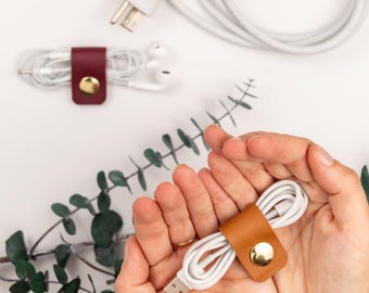 Leather Cord Organizer with Brass Snap, Cable Holder for Charger, Modern Desk, Travel Accessory & Stocking Stuffer Gift [3pc]