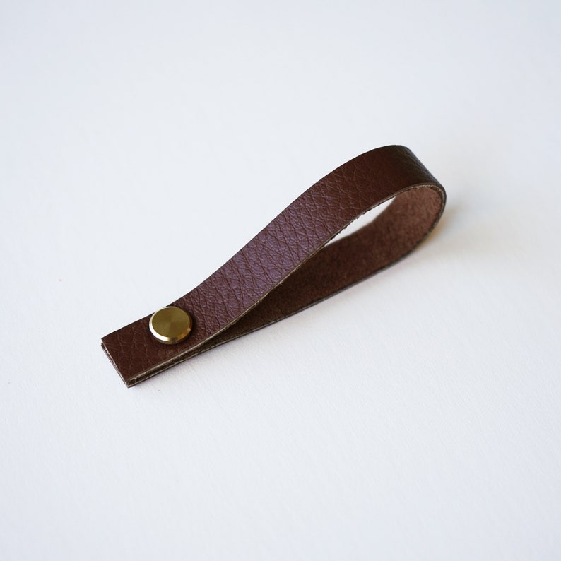 Medium Brown (walnut colored) Sustainable Leather loop strap with brass Chicago screw closure, removable hanger for potholders, towels, oven mitts, trivets, keychains and more.
