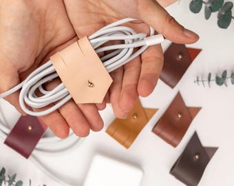 20 PIECE Set - Leather Cord Organizer with Brass closure, Cable Holder for Charger, Modern Desk, Travel Accessory & Stocking Stuffer Gift