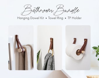 Bathroom Fixture Kit includes Toilet Paper Holder, Bath Towel Rail, hanging Towel Ring sustainably sourced leather wood & brass wall decor